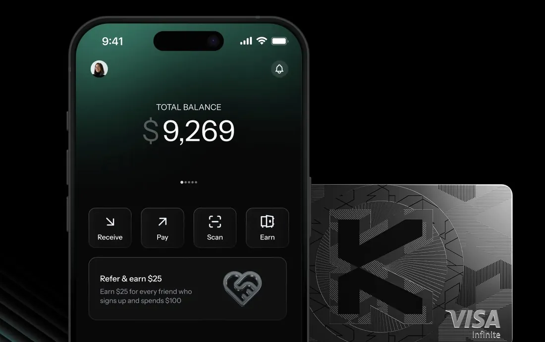KAST app home screen with total balance next to a KAST Visa Infinite metal card