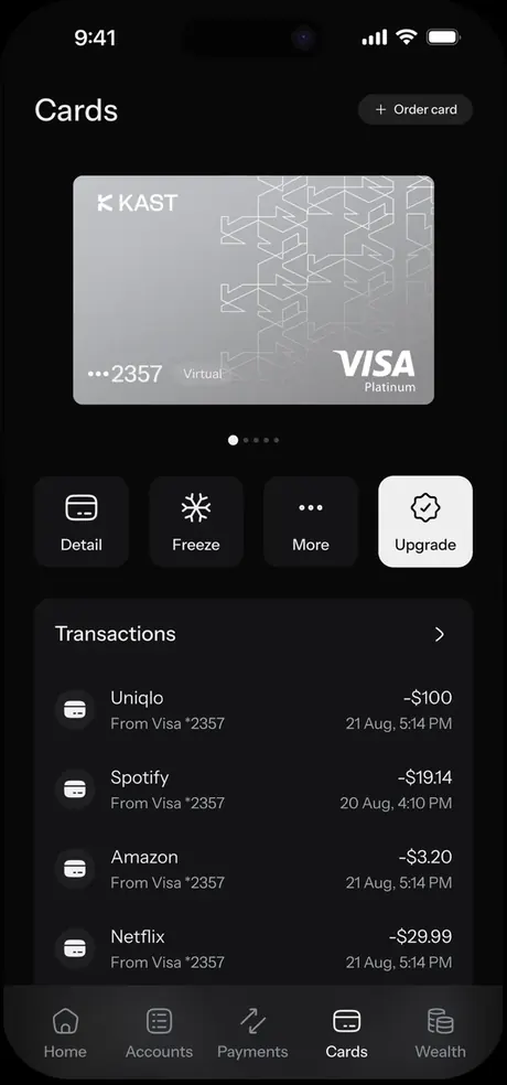 KAST app: card and transactions