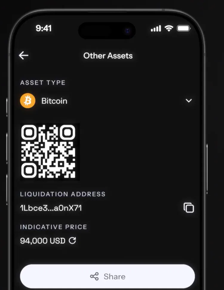 KAST app deposit screen for other crypto assets with the indicative price