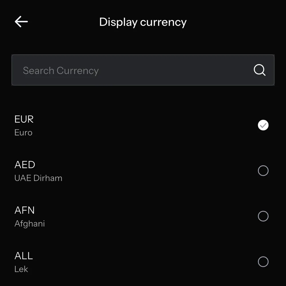 KAST app display currency list with AED, UAE dirham