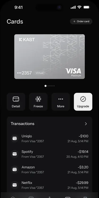KAST app cards screen with recent card transactions