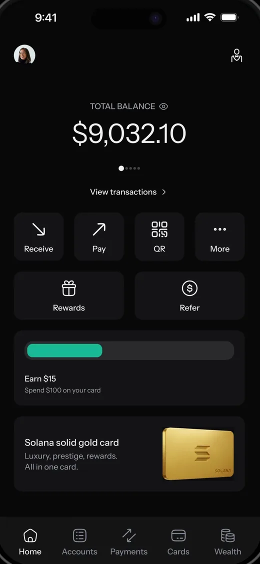 KAST app home screen on iPhone with total balance, Receive, Pay and Rewards
