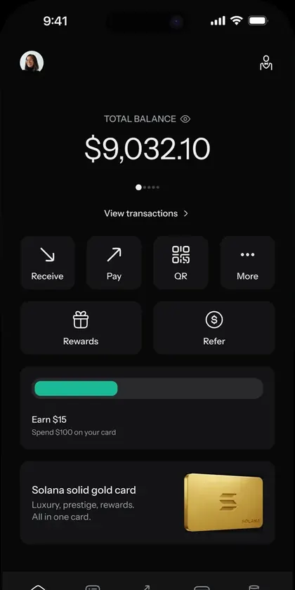 KAST app home screen with USD balance, cards and rewards