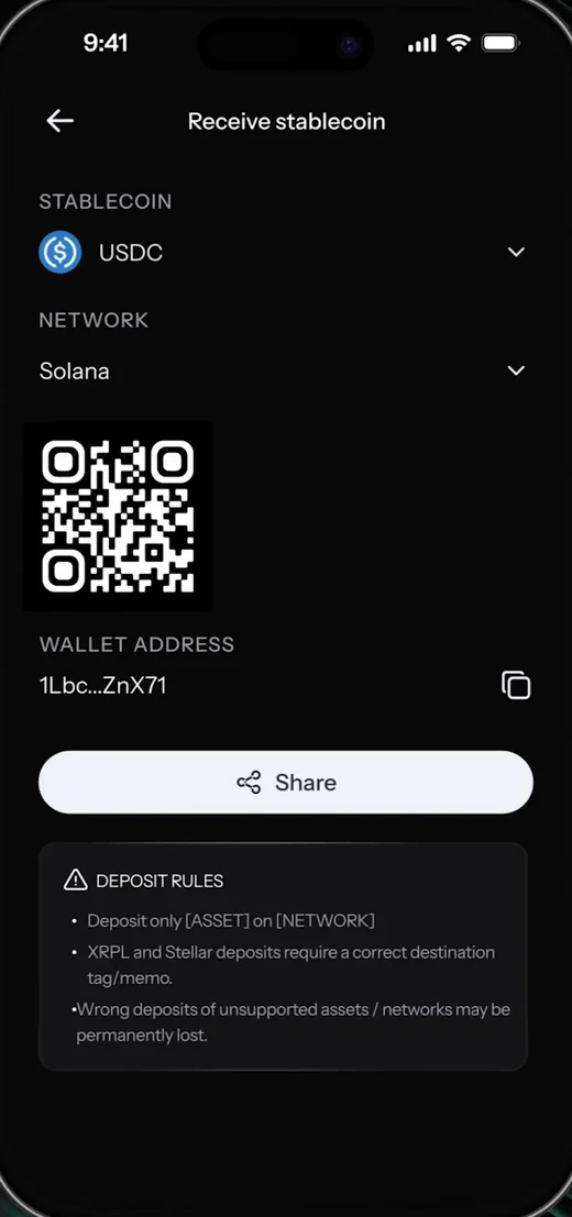 KAST Receive stablecoin screen: USDC on Solana with QR code and address