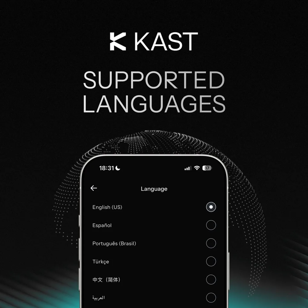 KAST app supported languages, including Arabic