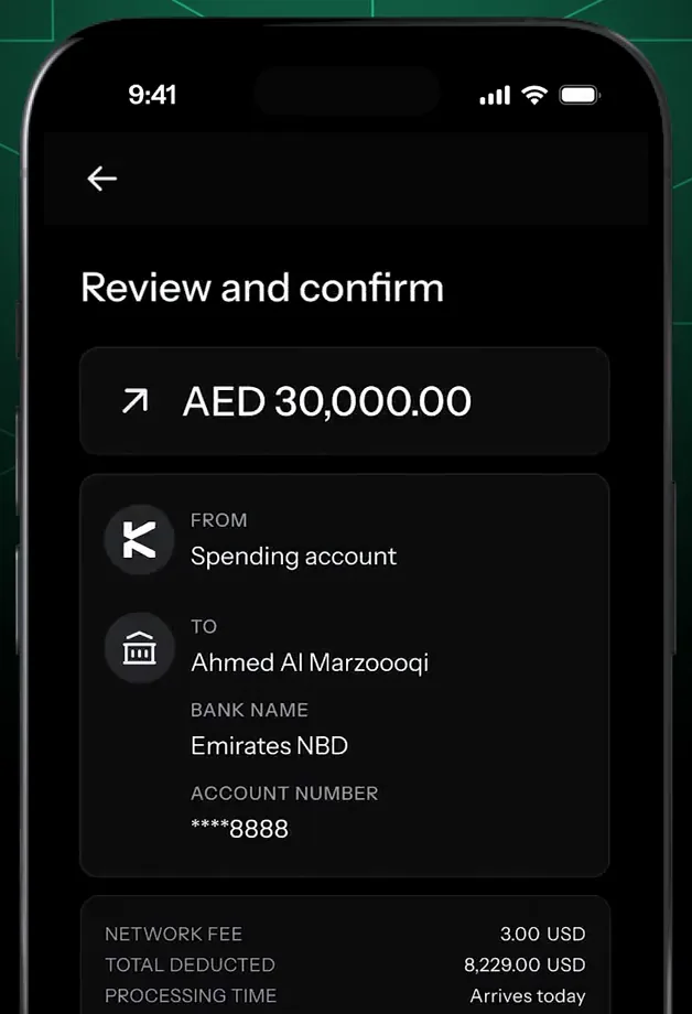 KAST app Review and confirm screen showing the network fee, total deducted and processing time