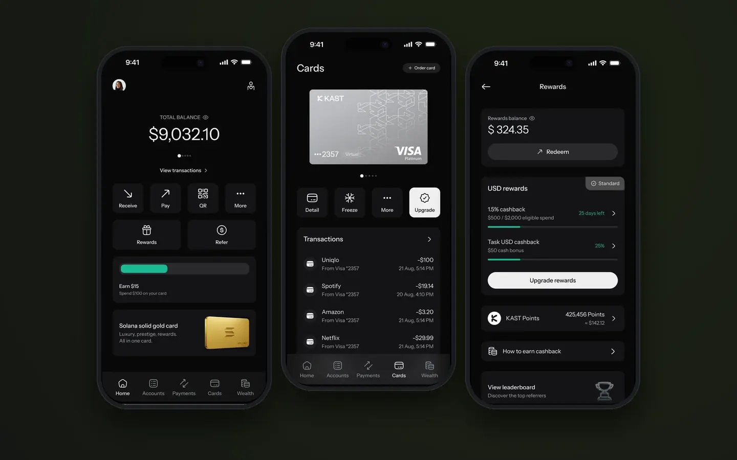KAST app screens: home, cards and rewards