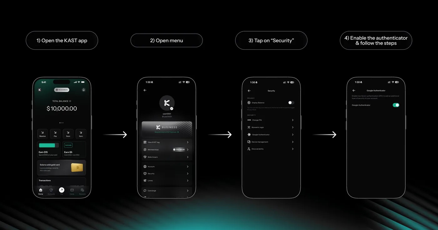 KAST app: turning on the authenticator under Security