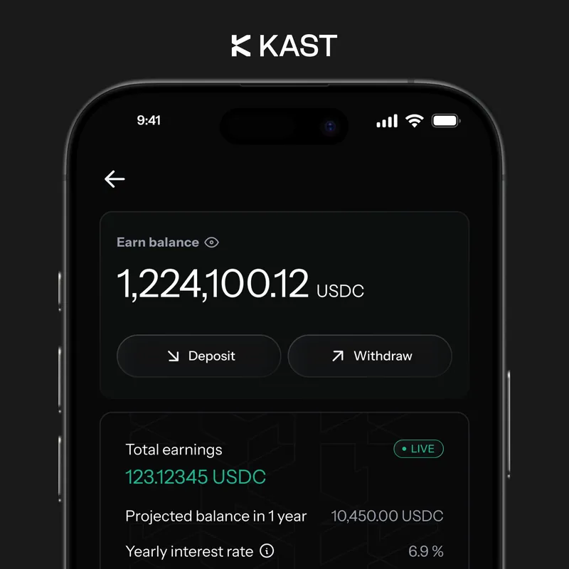 KAST app USDC balance with Deposit and Withdraw buttons