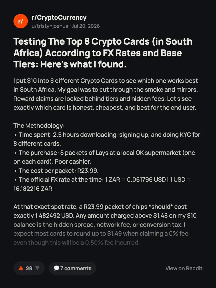 Reddit post in r/CryptoCurrency testing eight crypto cards in South Africa