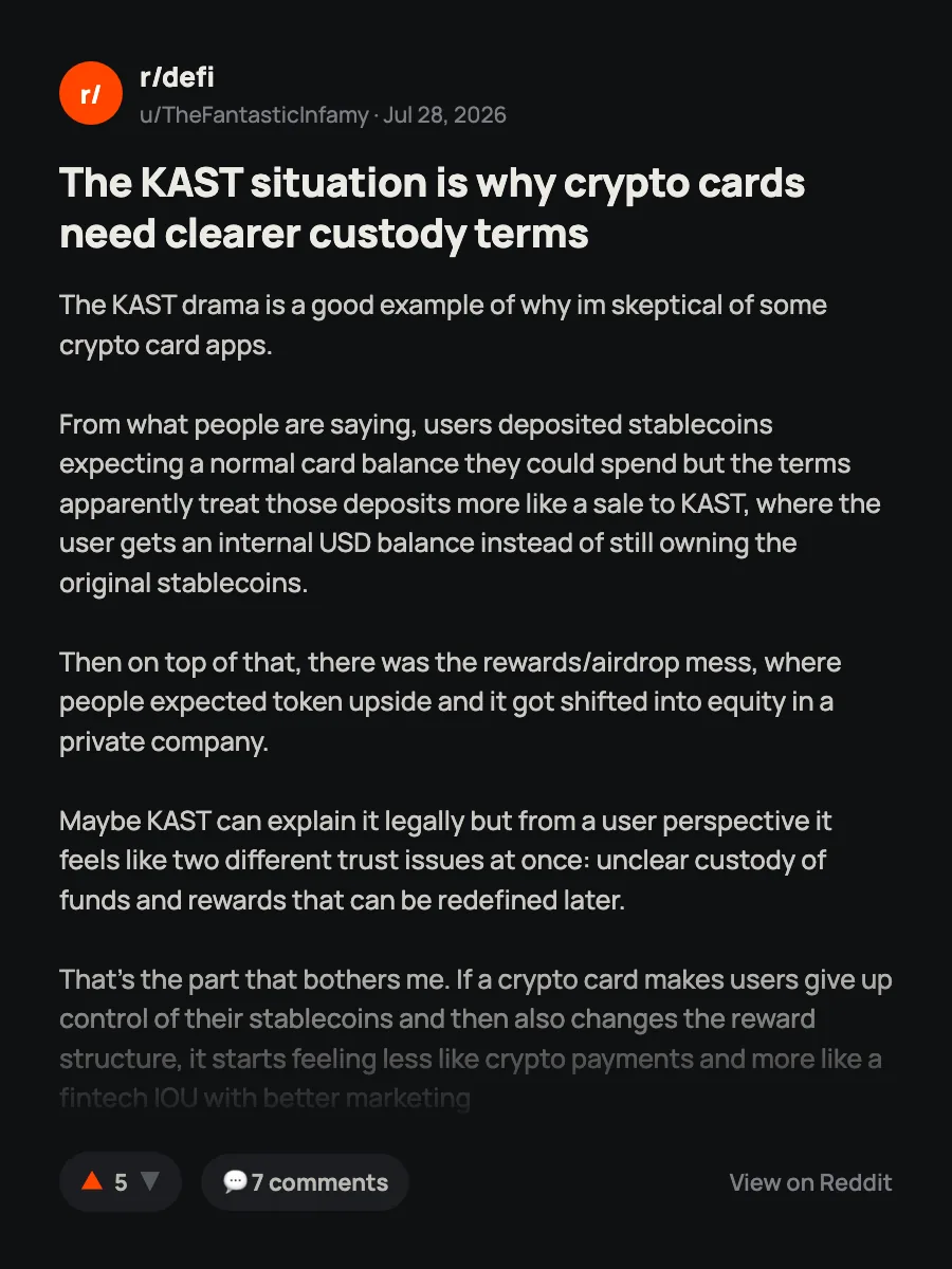 Reddit post in r/defi on custody terms for crypto cards after the KAST dispute