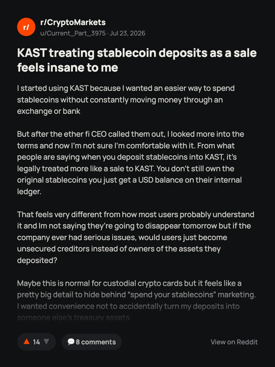 Reddit post in r/CryptoMarkets about KAST treating stablecoin deposits as a sale