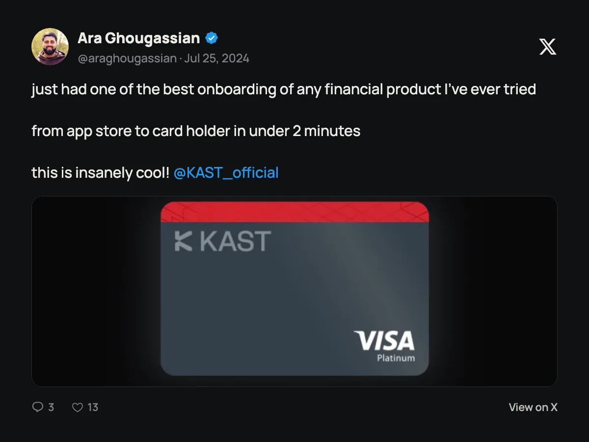 Post on X by @araghougassian: from App Store to cardholder in under 2 minutes