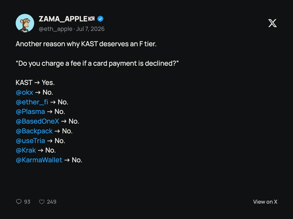 Post on X by @eth_apple criticising the KAST fee on declined card payments