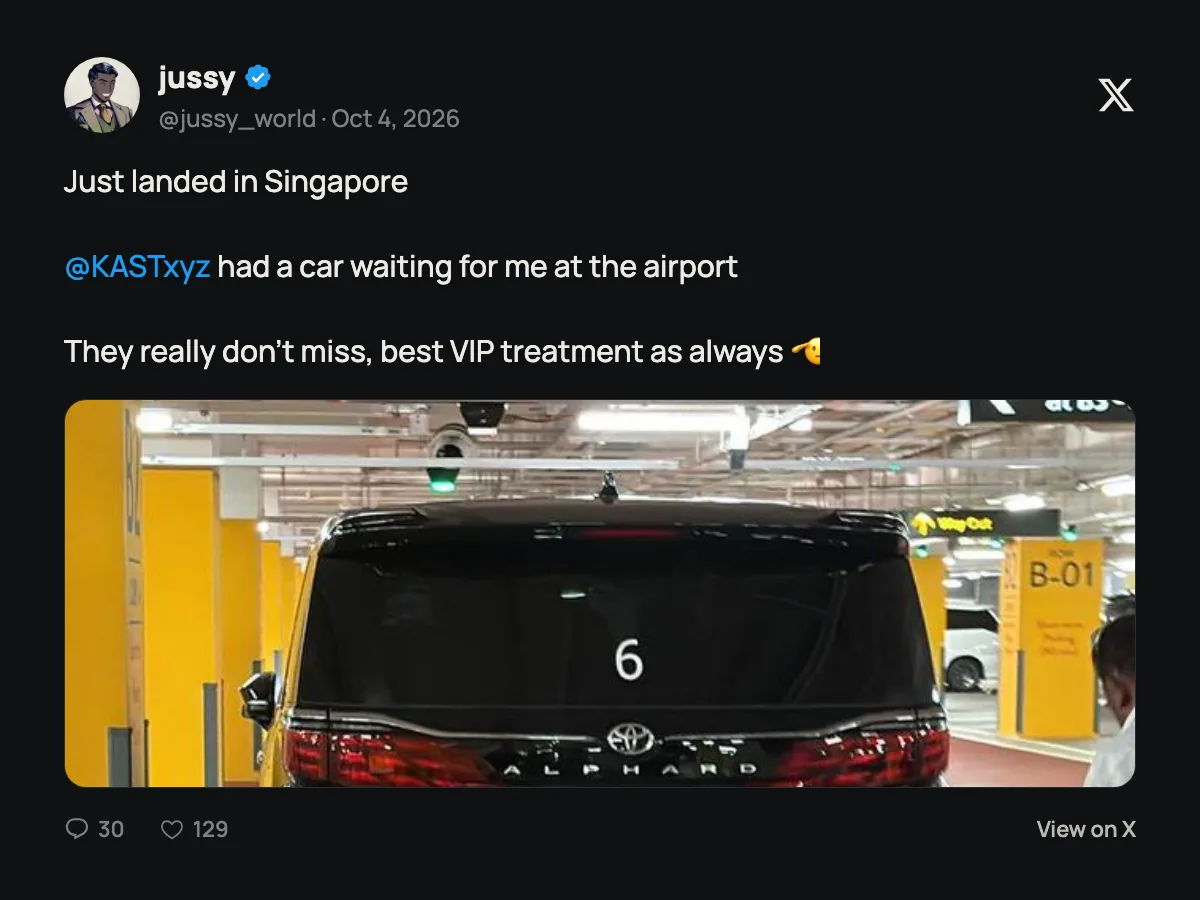 Post on X by @jussy_world: a KAST car waiting at Singapore airport