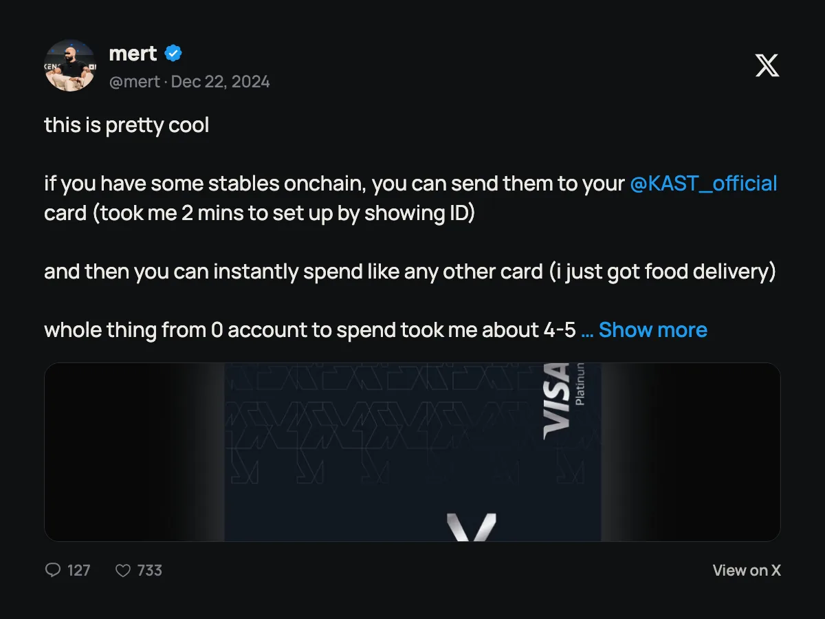 Post on X by @mert: sending stablecoins to the KAST card and spending them, set up in about 2 minutes
