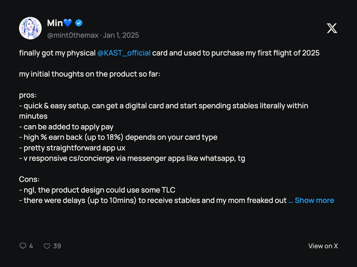 Post on X by @mint0themax listing pros and cons of the KAST card