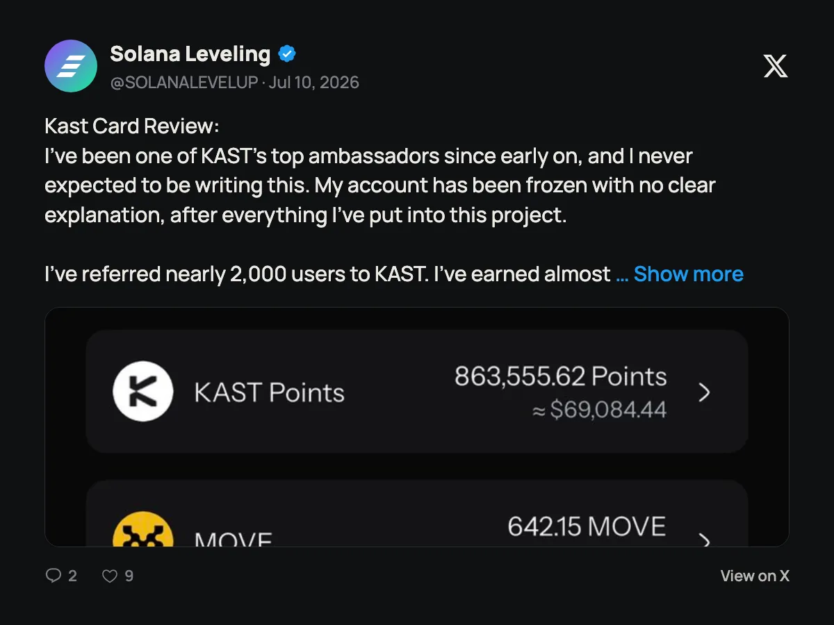 Post on X by @SOLANALEVELUP: a KAST ambassador says their account was frozen without explanation