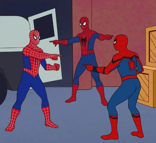 KAST meme about clone websites: three identical Spider-Men pointing at each other