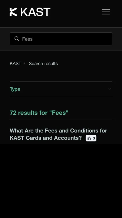 KAST Concierge help centre search results for fees