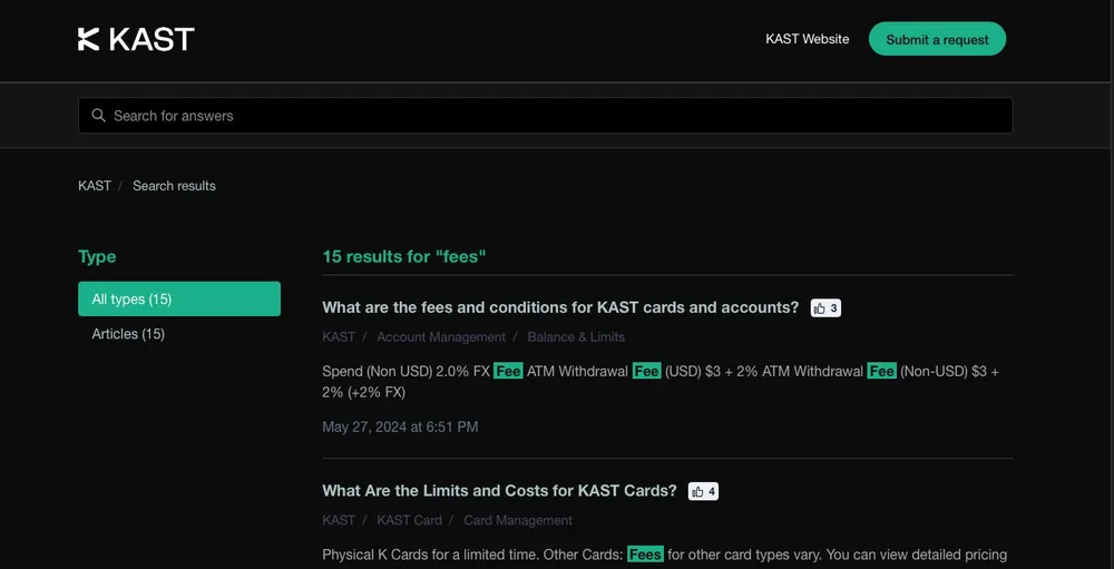 KAST Concierge website search results for fees