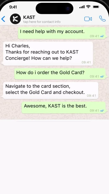 WhatsApp chat with KAST Concierge about ordering the Gold Card