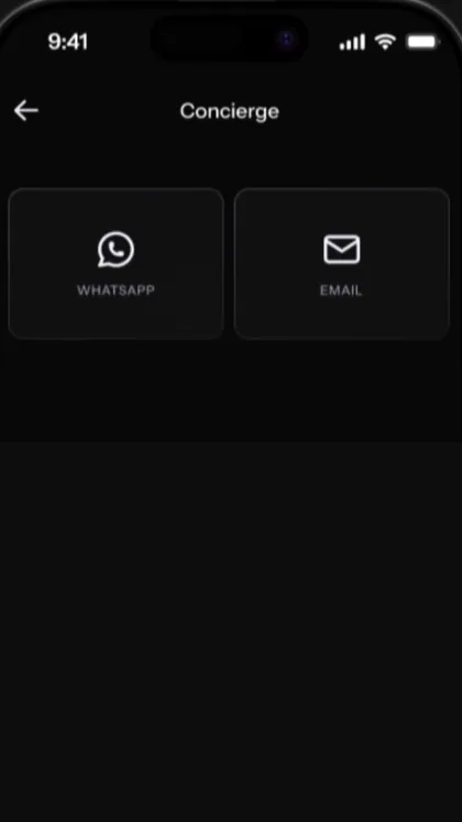 KAST Concierge screen with WhatsApp and Email options