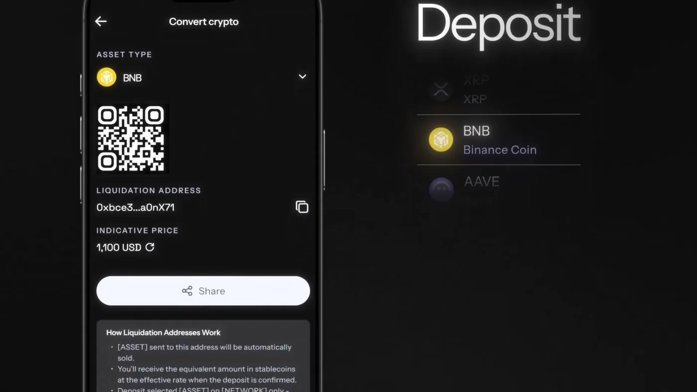 KAST Convert crypto screen: deposit BNB on BNB Chain