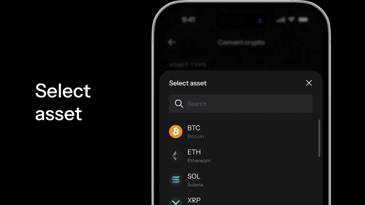 How to convert crypto on KAST: select asset BTC, ETH, SOL, XRP