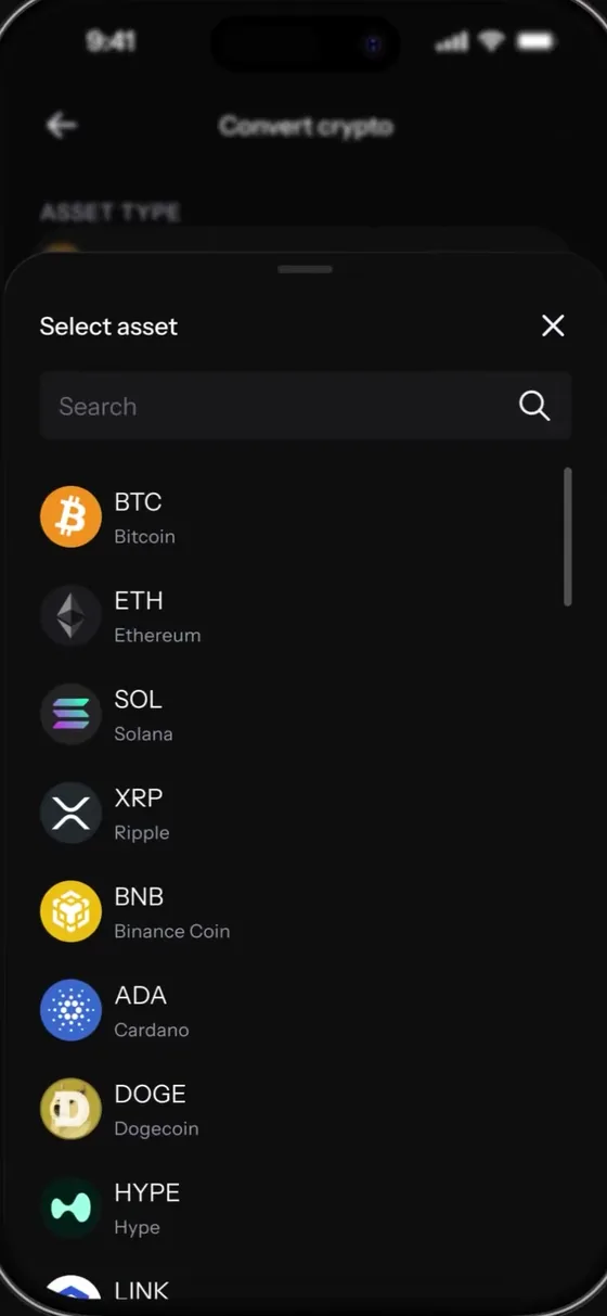 KAST Convert crypto screen: select asset BTC, ETH, SOL, XRP, BNB