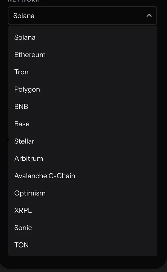 KAST deposit network list: Solana, Ethereum, Tron, Polygon, BNB, Base, Stellar, Arbitrum, Avalanche, Optimism, XRPL, Sonic, TON