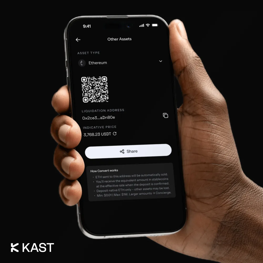 Hand holding a phone with the KAST Ethereum deposit QR code