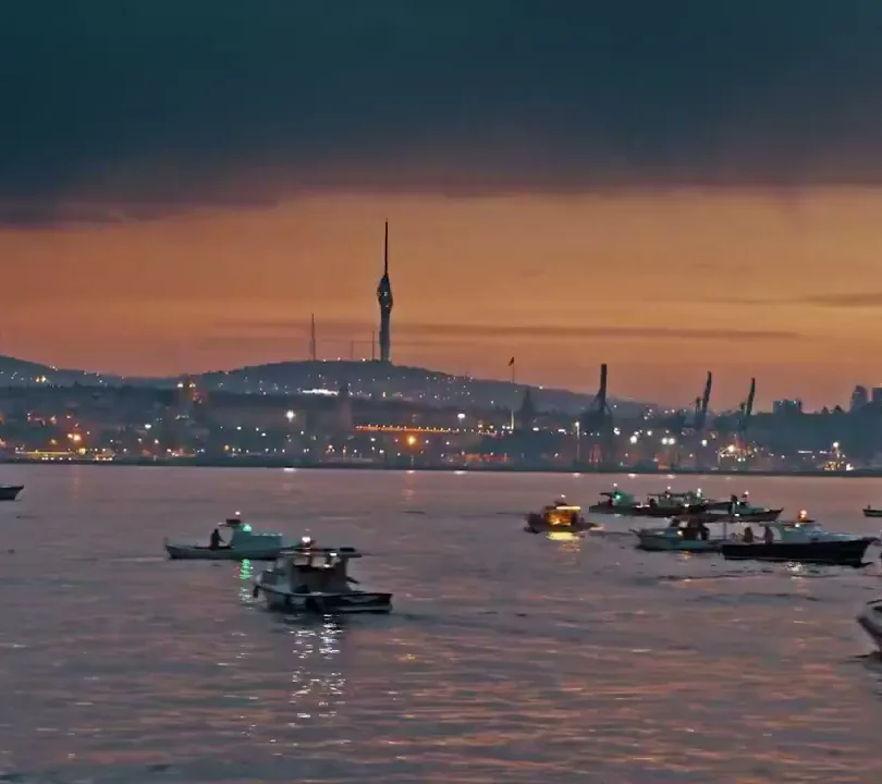 Istanbul at sunset over the Bosphorus with Çamlıca Tower