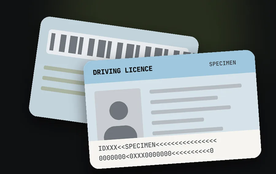 Specimen driving licence, front and back, for KAST KYC