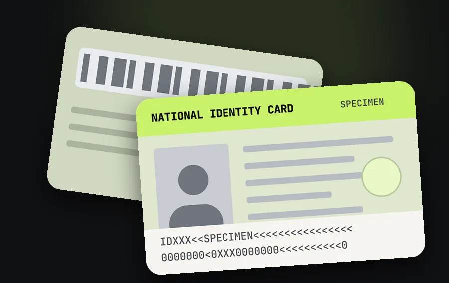 Specimen national ID card, front and back, for KAST KYC