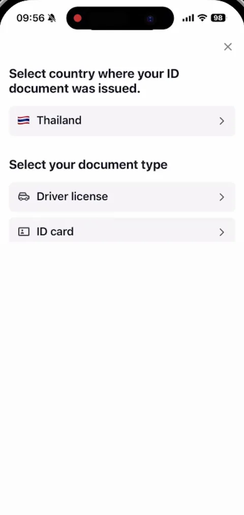 KAST KYC: select the country that issued your ID and the document type