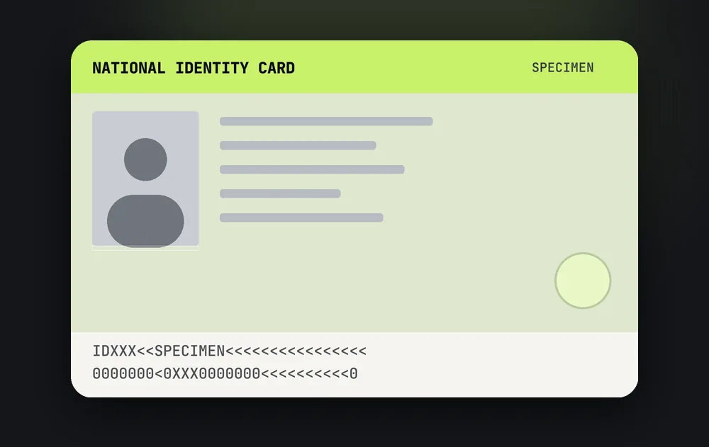 Specimen national ID card for Kast Card KYC, with no real personal data