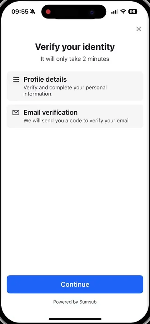 KAST identity verification by Sumsub: profile details and email code