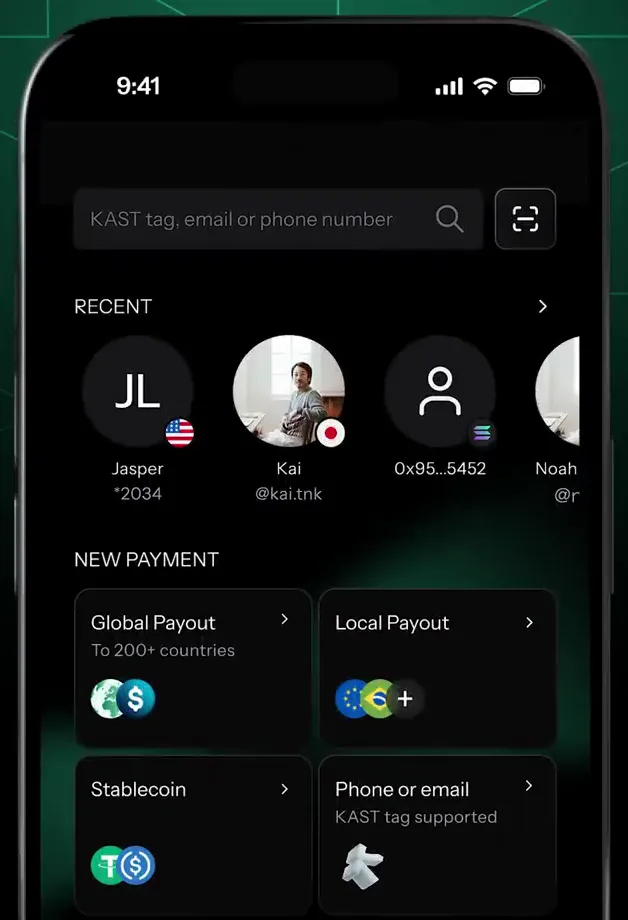 KAST app Pay screen with Global Payout and Local Payout