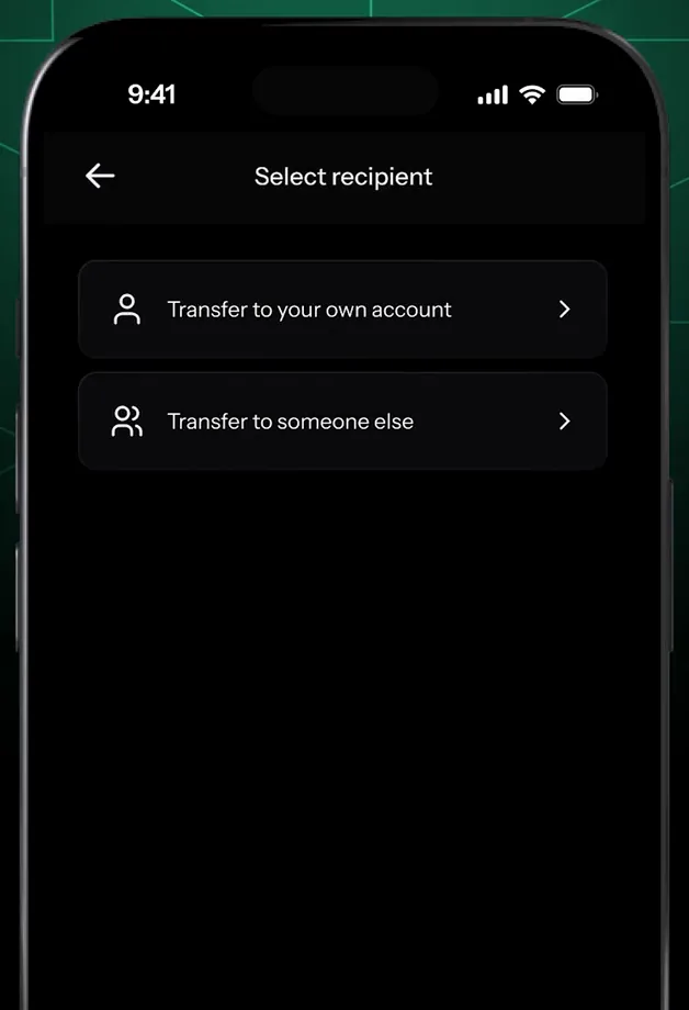 KAST app local payout: transfer to your own account or to someone else