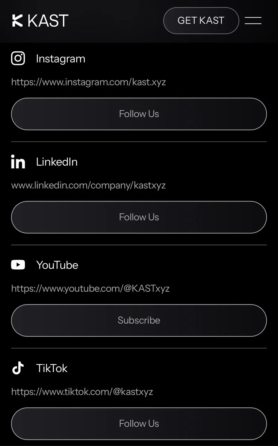 KAST verify page listing its official social media accounts