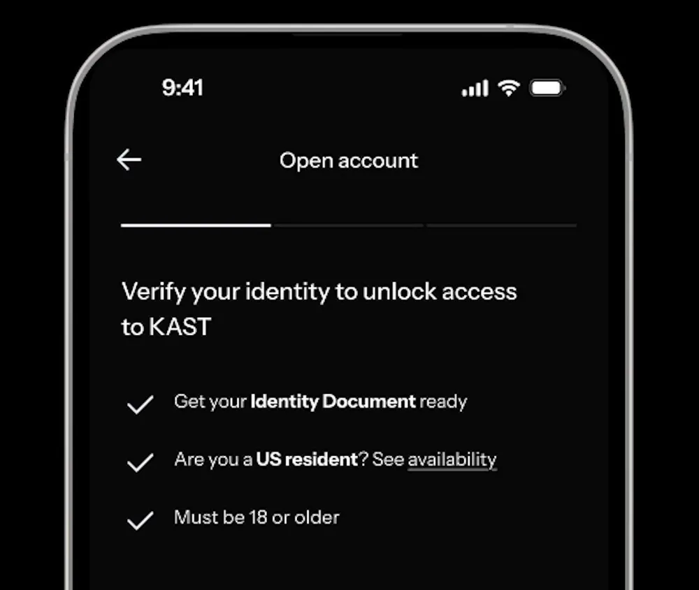KAST Open account screen: ID ready, US eligibility, 18 or older