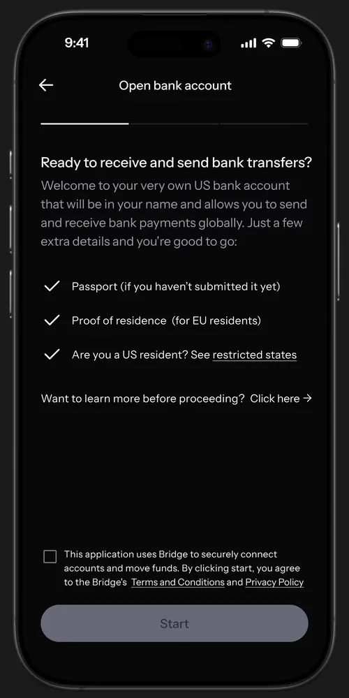 KAST Open bank account screen: passport, proof of residence and US residency checks