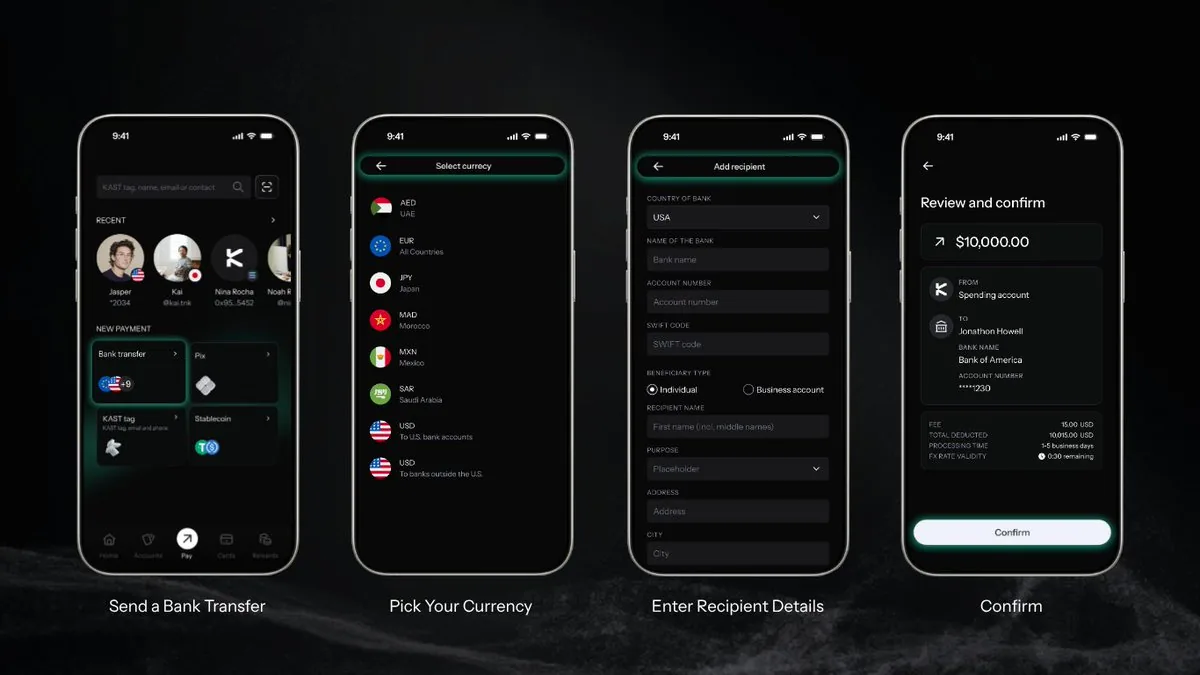 KAST Pay bank transfer: send, pick a currency, add the recipient, confirm