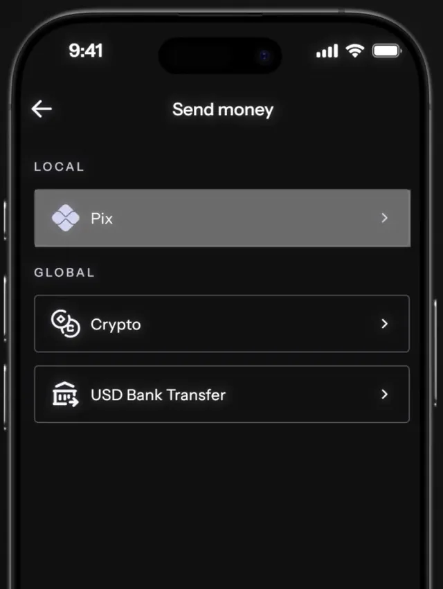 KAST Send money menu with Pix under Local
