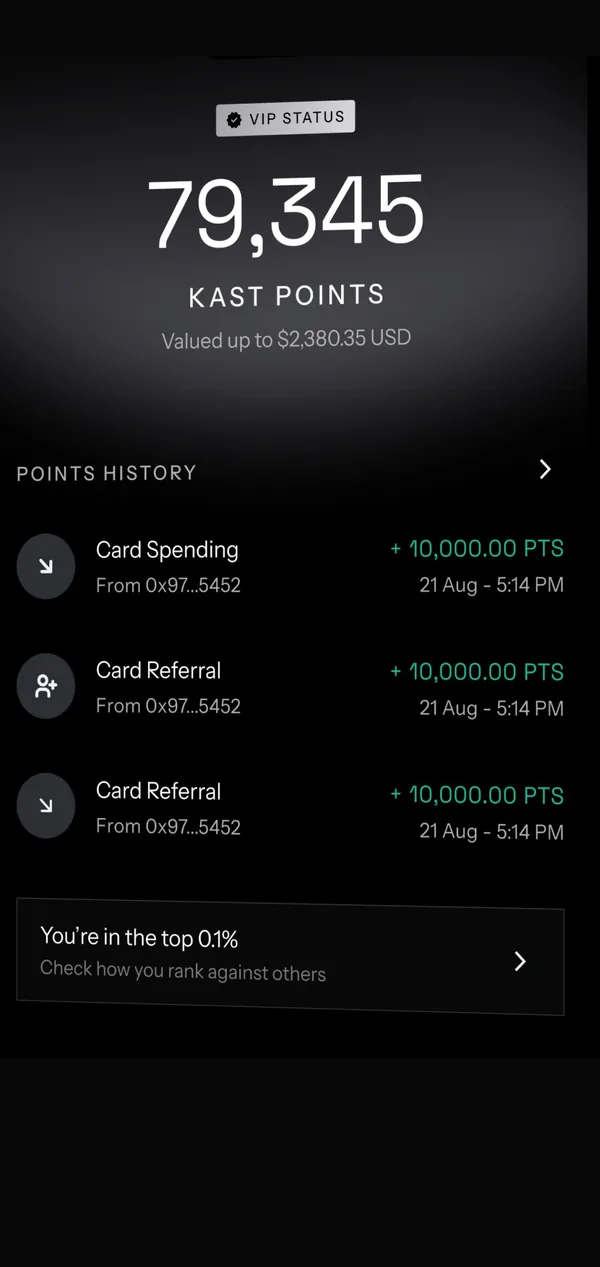 KAST Points balance and points history in the KAST app