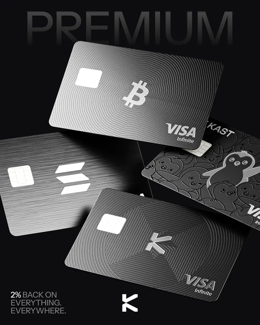 KAST Premium metal cards in Bitcoin, Solana, Pengu and K designs