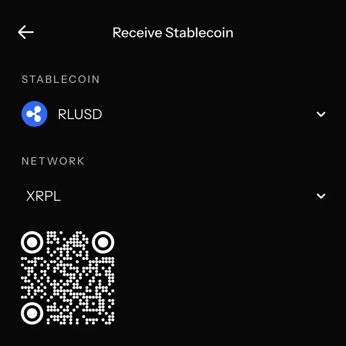 KAST Receive stablecoin screen: RLUSD on the XRPL network with QR code