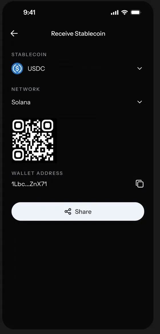 KAST Receive stablecoin screen with coin, network, QR code and address
