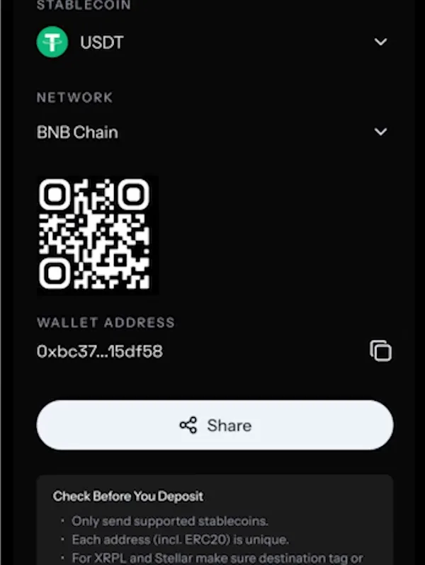 KAST Receive stablecoin screen: USDT on BNB Chain with QR code and address